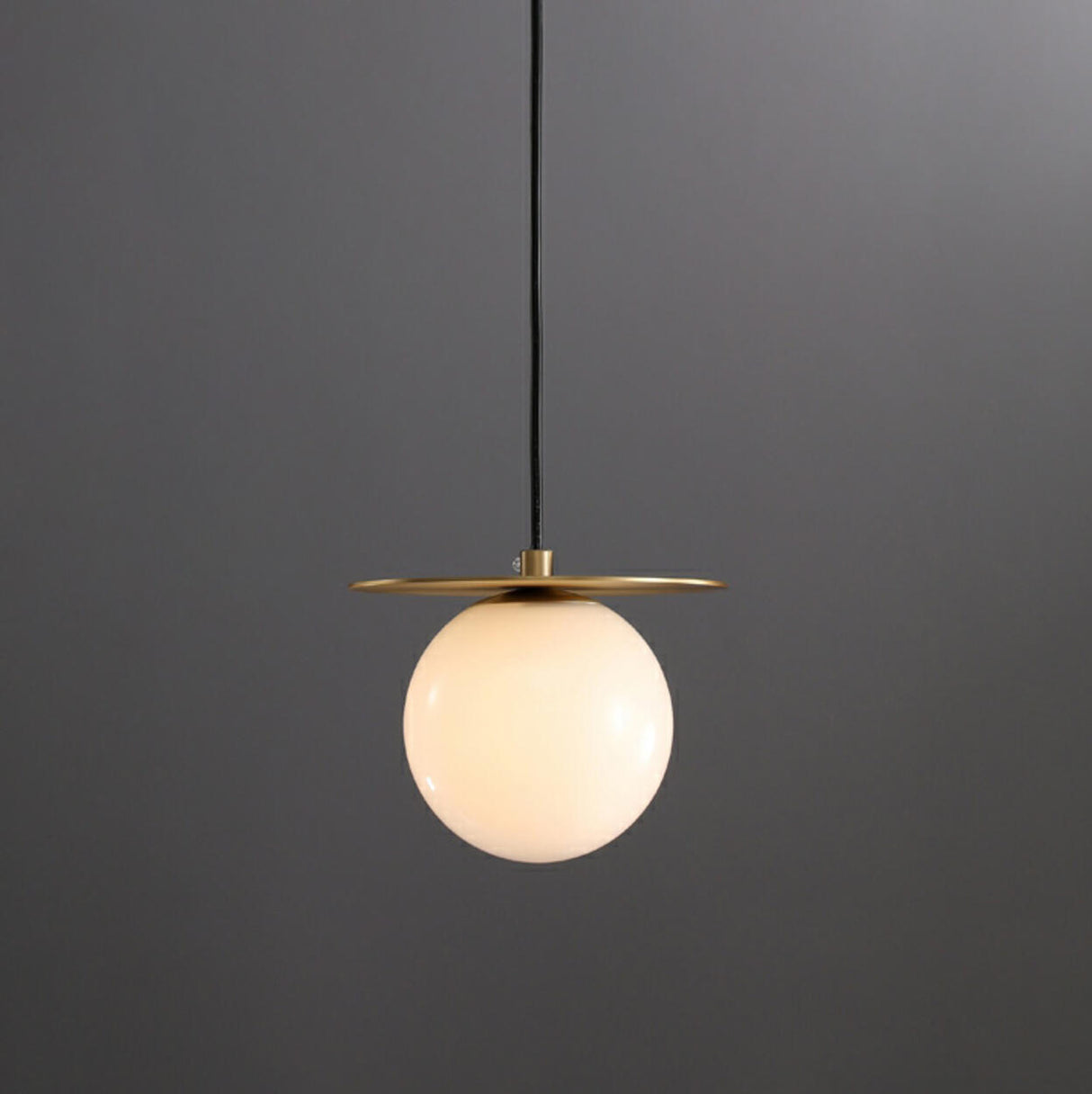 Modern Brass Disc White Glass Globe Pendant Light Image - 6