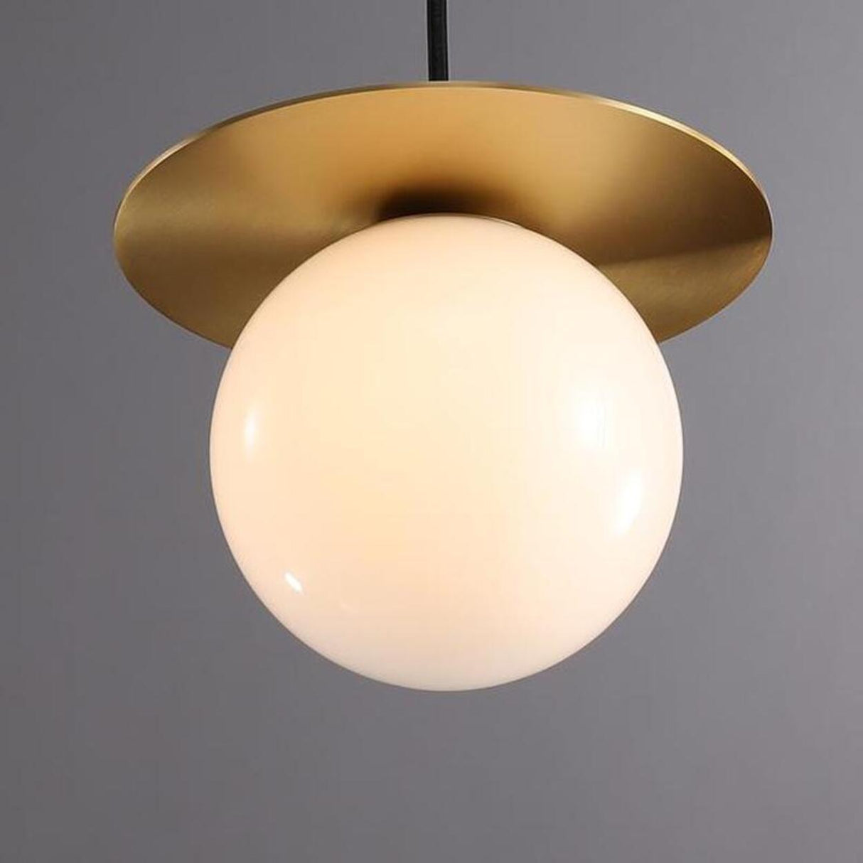 Modern Brass Disc White Glass Globe Pendant Light Image - 7