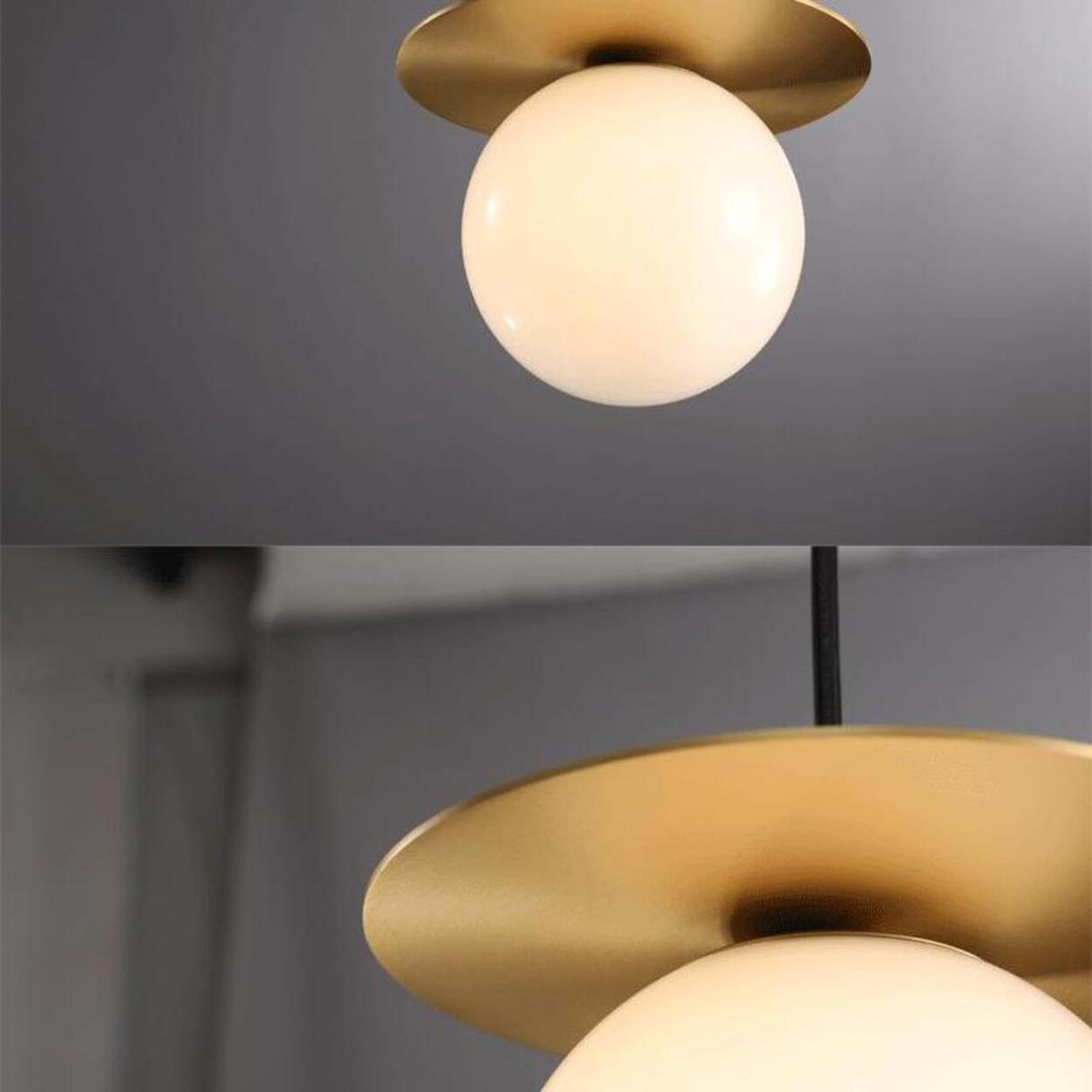 Modern Brass Disc White Glass Globe Pendant Light Image - 9