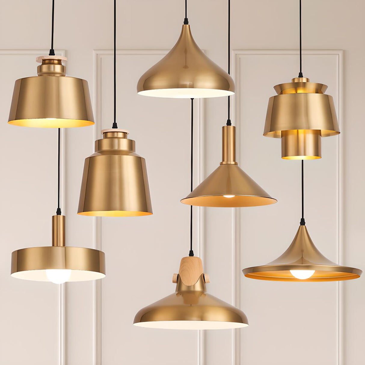 Modern Brass Gold Finish Dome Metal Pendant Lights Set Image - 3