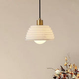 Modern Brass Metal Bowl Stone Pendant Light Set Image - 11