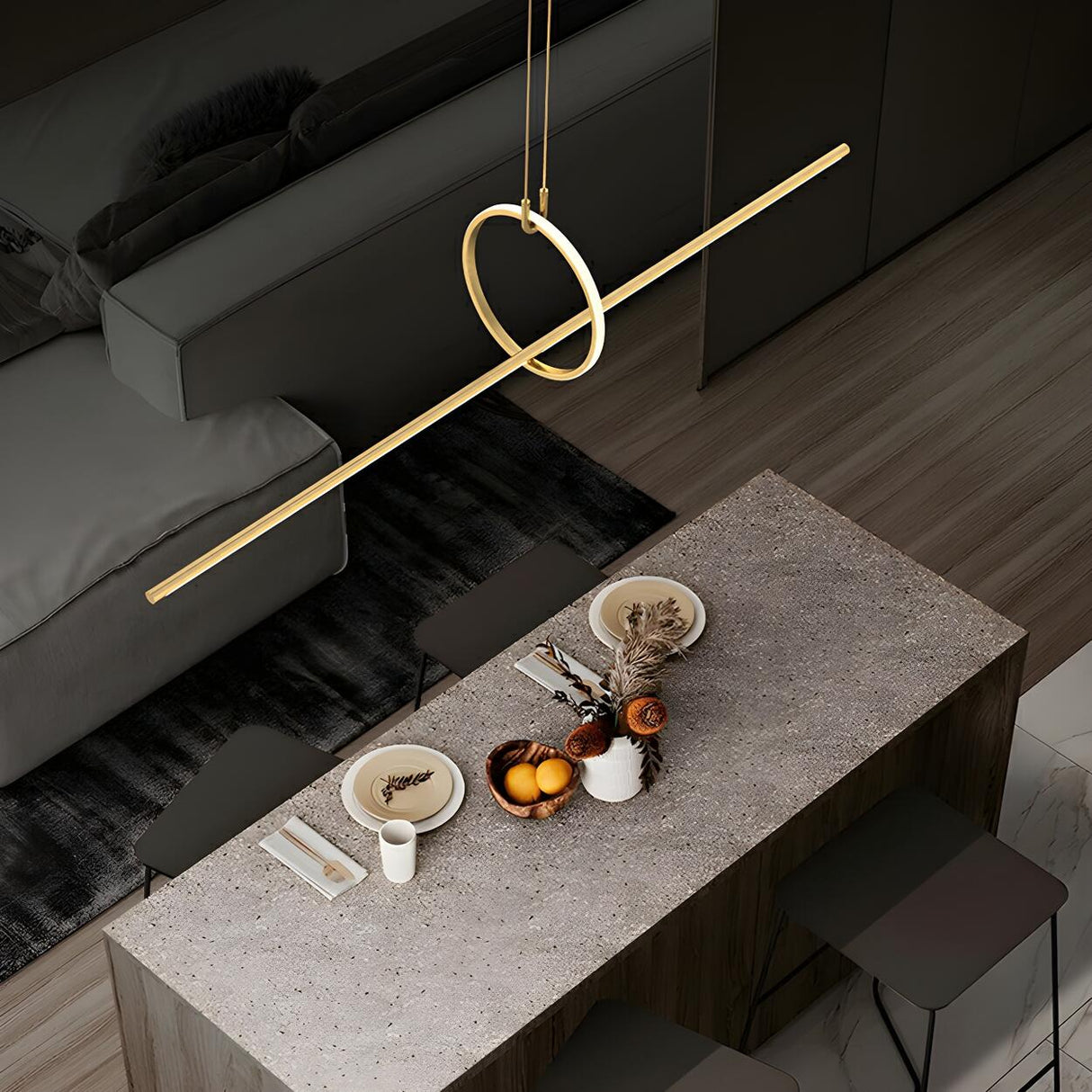 Modern Brass Ring and Linear Kitchen Island Light  Image - 2