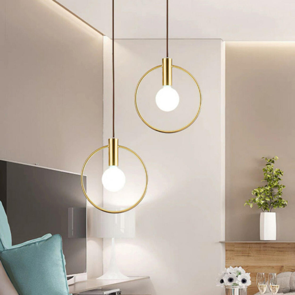 Modern Brass Ring White Glass Globe Kitchen Pendant Light Image - 4