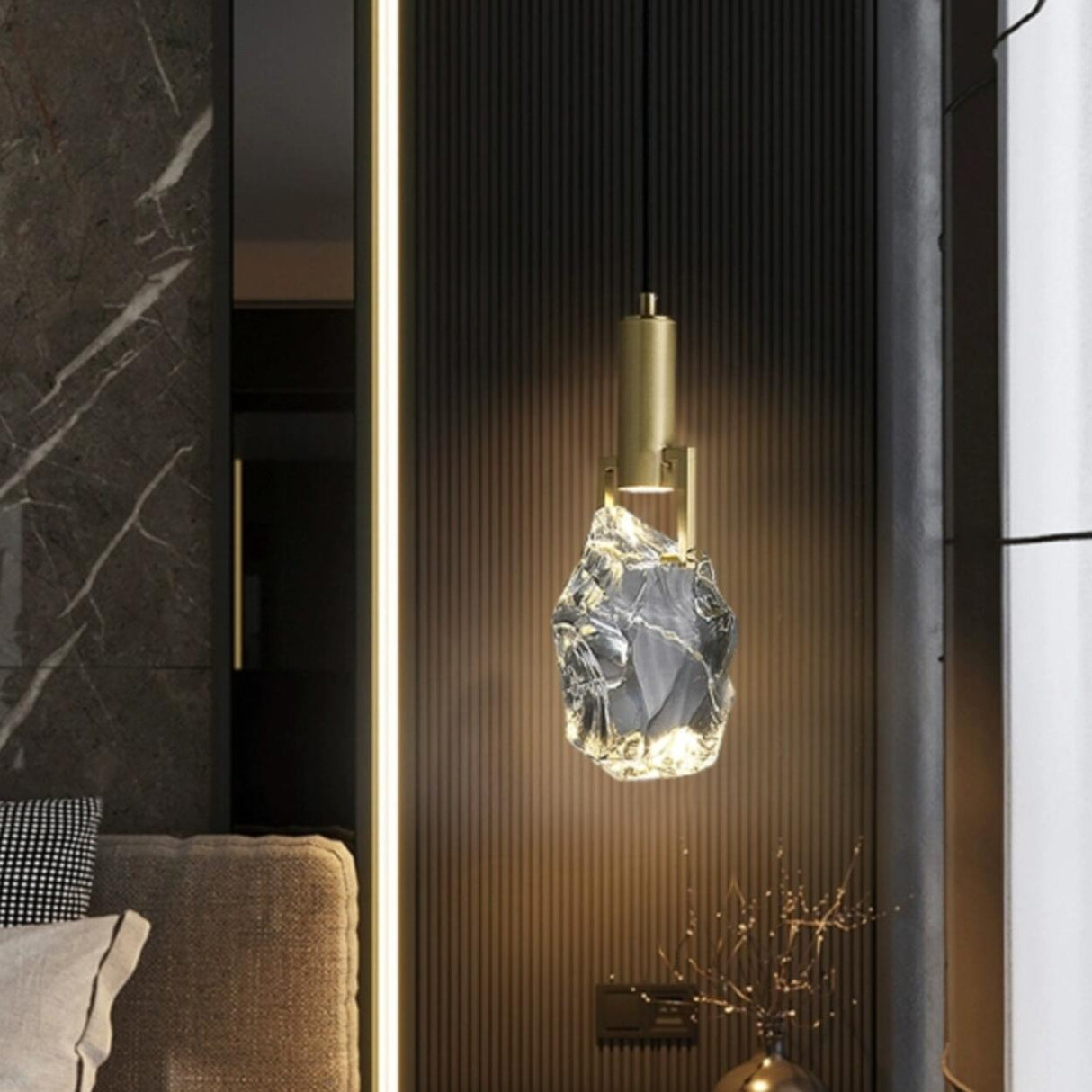 Modern Brass Rock Clear Crystal Pendant LIght Image - 1