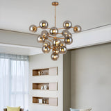 Modern Brass Smoke Gray Glass Globe Grape Shape Chandelier Image - 1