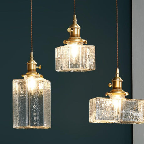 Modern Brass Square Clear Textured Glass Pendant Light Image - 1