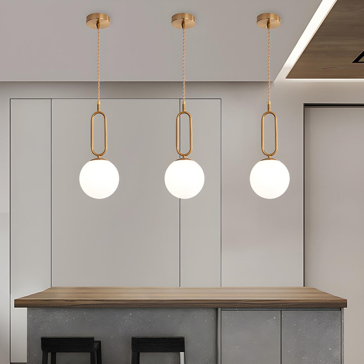 Modern Brass White Glass Globe Kitchen Island Pendant Light Image - 13