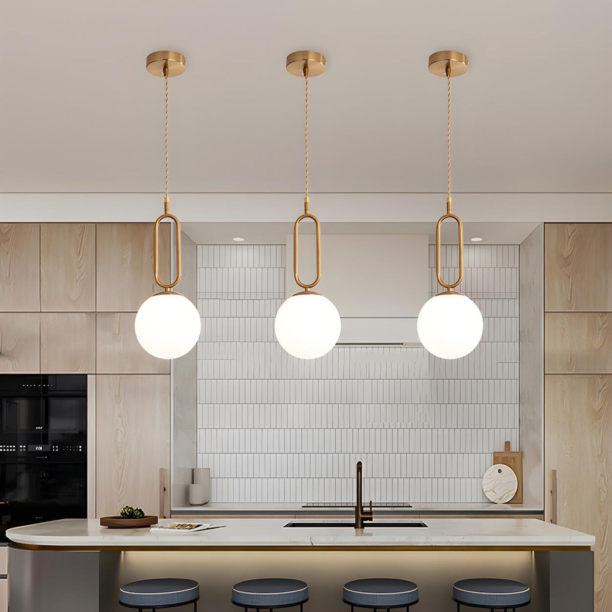 Modern Brass White Glass Globe Kitchen Island Pendant Light Image - 5