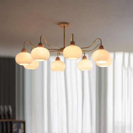 Modern Brass Wood Round Dome Milk Glass Chandelier Image - 1