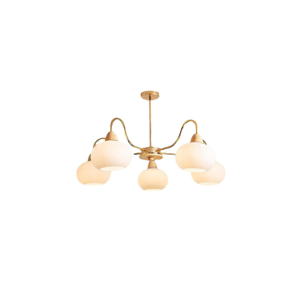 Modern Brass Wood Round Dome Milk Glass Chandelier Image - 10