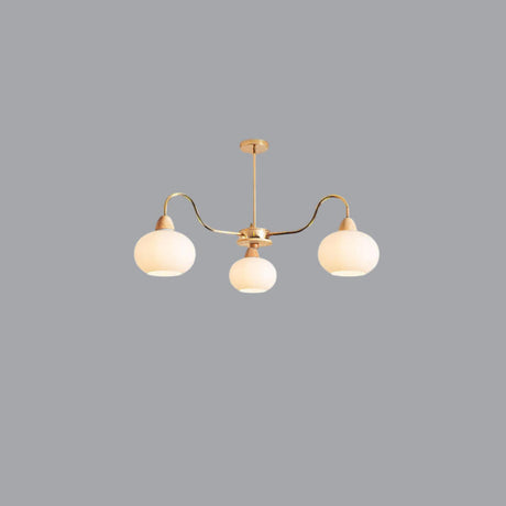 Modern Brass Wood Round Dome Milk Glass Chandelier Image - 2