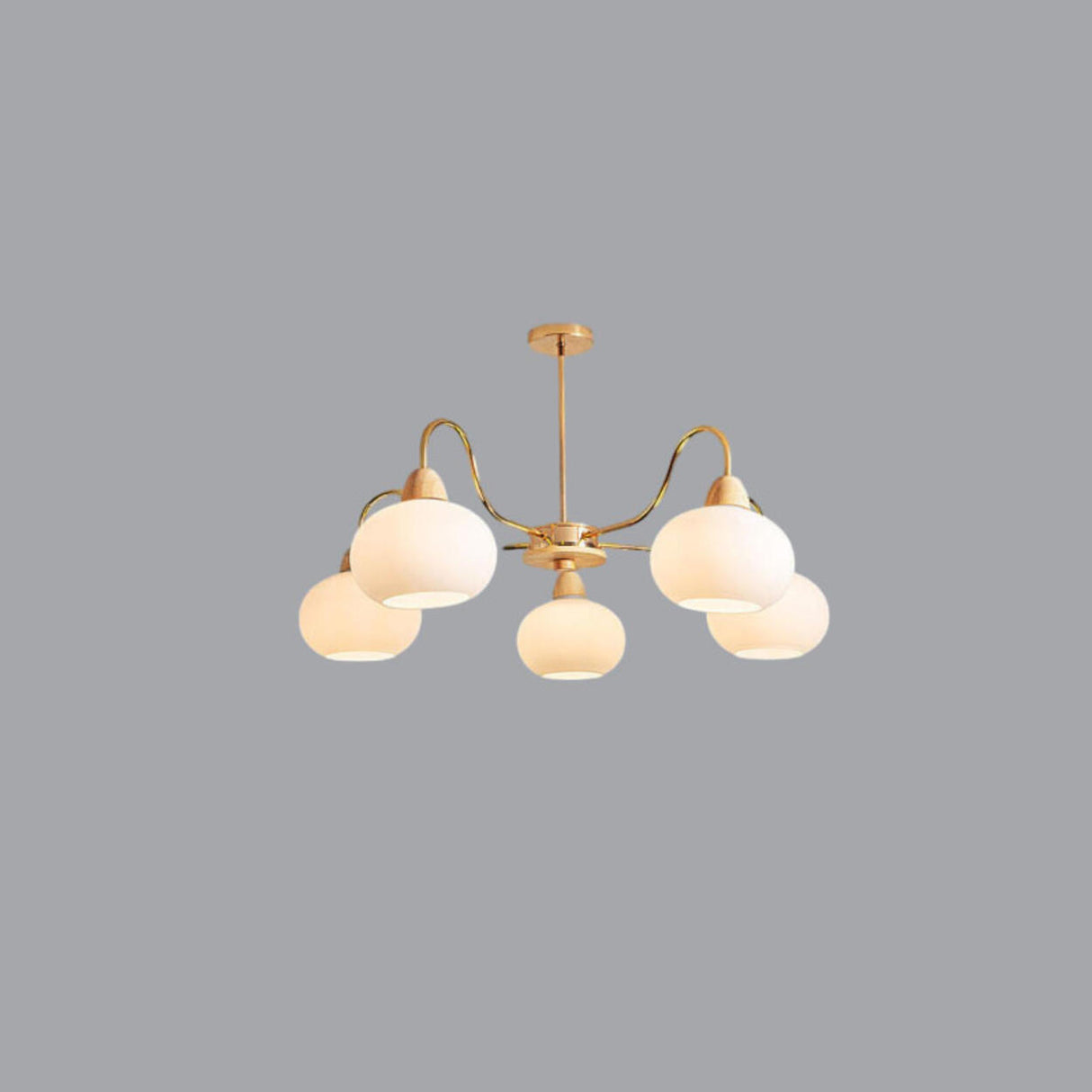 Modern Brass Wood Round Dome Milk Glass Chandelier Image - 3