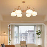 Modern Brass Wood Round Dome Milk Glass Chandelier Image - 4