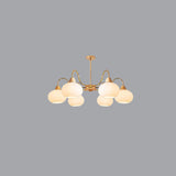 Modern Brass Wood Round Dome Milk Glass Chandelier Image - 5