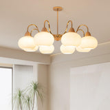 Modern Brass Wood Round Dome Milk Glass Chandelier Image - 6