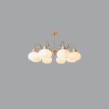 Modern Brass Wood Round Dome Milk Glass Chandelier Image - 9