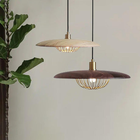 Modern Brass Wooden Geometric Iron Saucer Pendant Light Image - 1