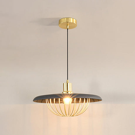 Modern Brass Wooden Geometric Iron Saucer Pendant Light Image - 2