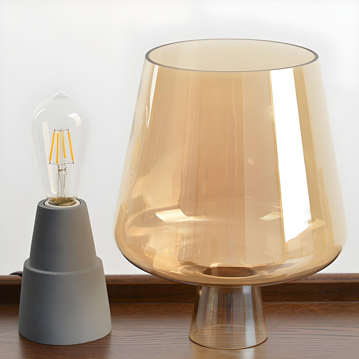 Modern Brown Glass Shade Cup Shade Bedroom Table Lamp Image - 9