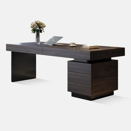 Modern Brown Rectangular Wood Drawers Writing Desk Image - 2