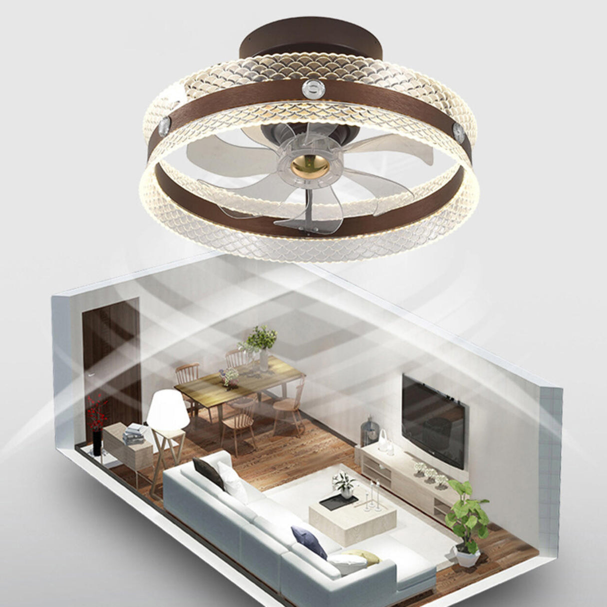 Modern Brown Round Clear Blade LED Ceiling Fan Light Image - 11