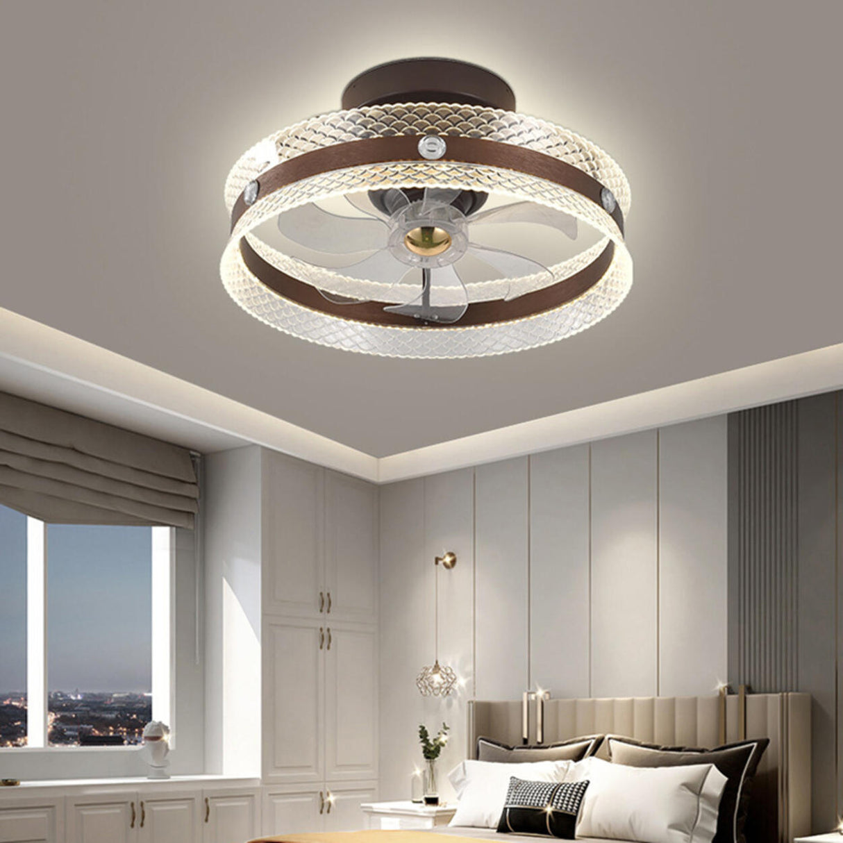 Modern Brown Round Clear Blade LED Ceiling Fan Light Image - 3