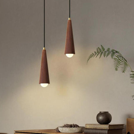 Modern Brown Walnut Pleated Cone Dining Room Pendant Light Image - 1