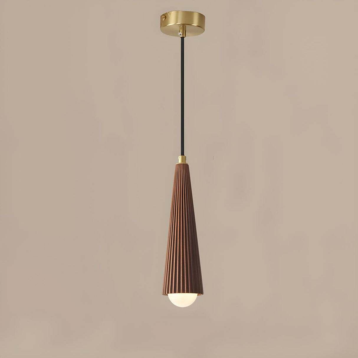 Modern Brown Walnut Pleated Cone Dining Room Pendant Light Image - 2