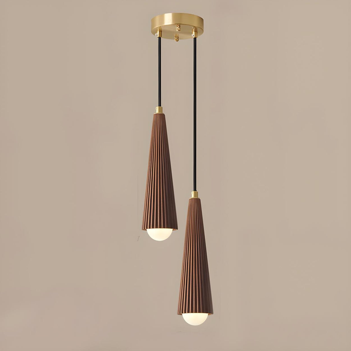 Modern Brown Walnut Pleated Cone Dining Room Pendant Light Image - 3