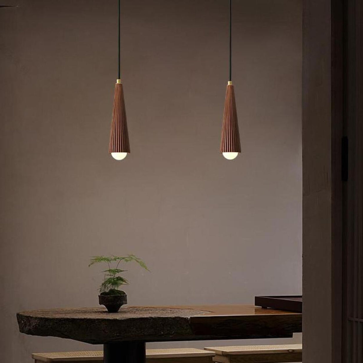 Modern Brown Walnut Pleated Cone Dining Room Pendant Light Image - 7