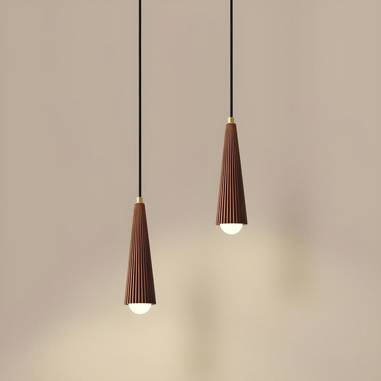 Modern Brown Walnut Pleated Cone Dining Room Pendant Light Image - 8