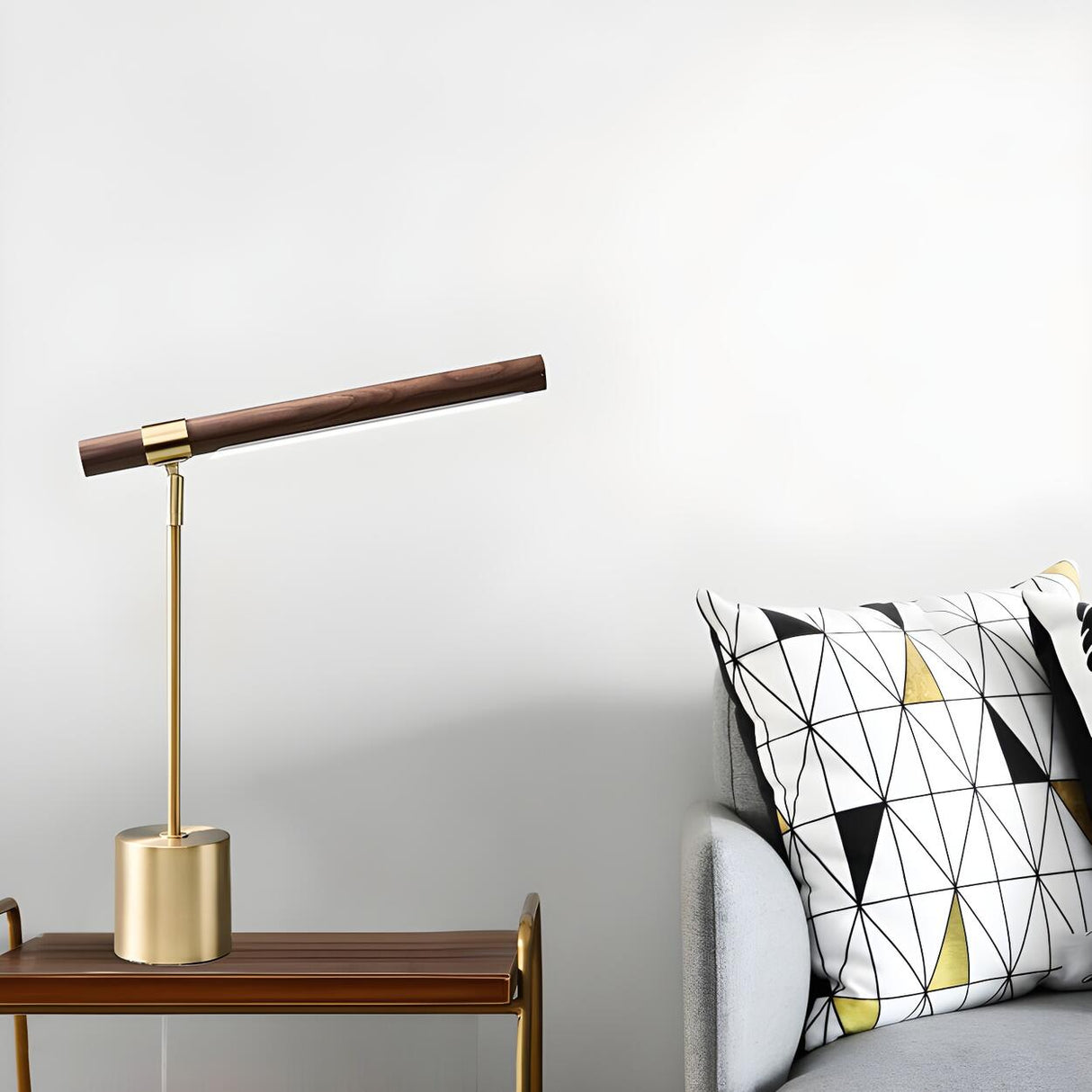 Modern Brown Wooden Linear Shade Gold Metal Table Lamp Image - 9