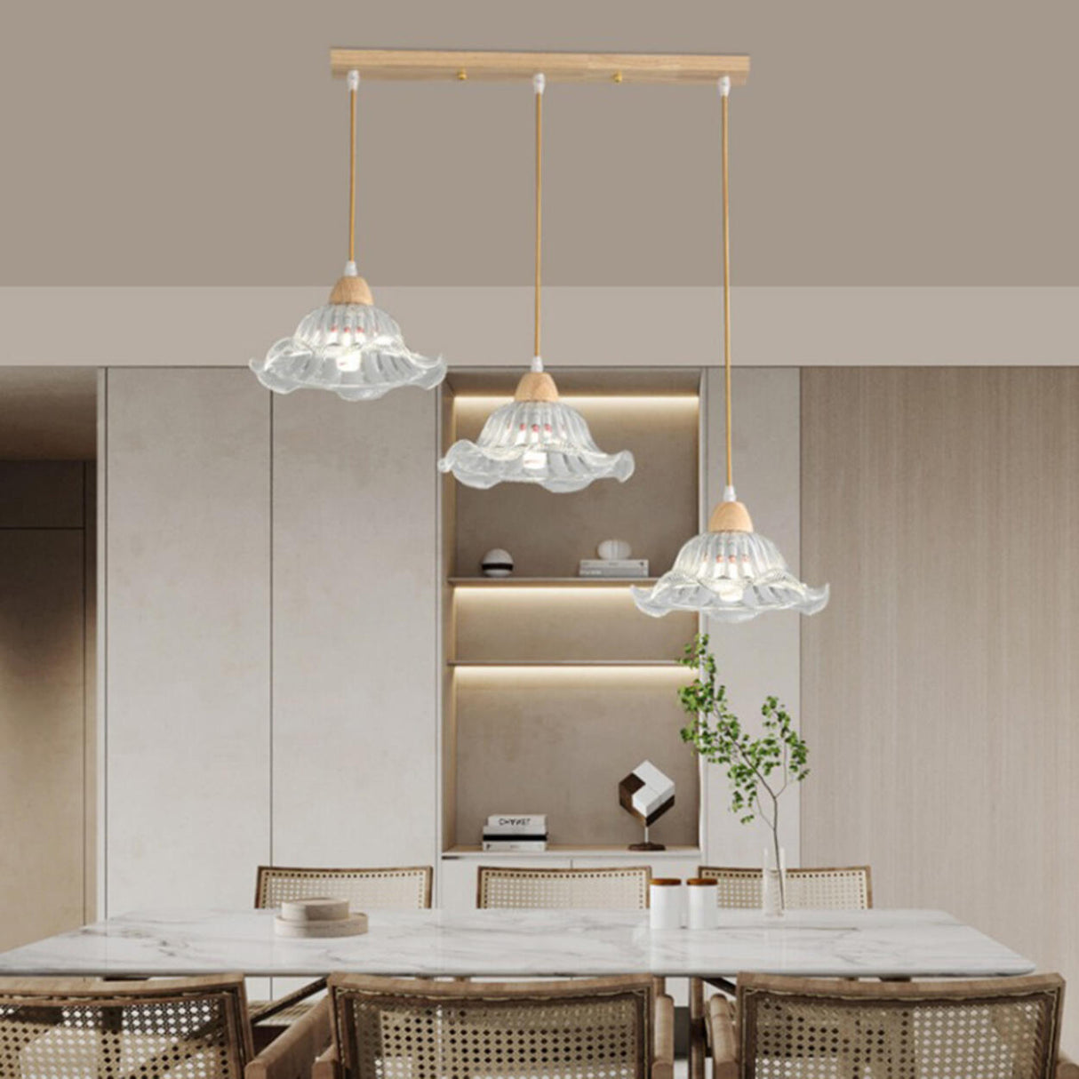 Modern Burlywood Wood Color Clear Glass Cone Pendant Light Image - 20