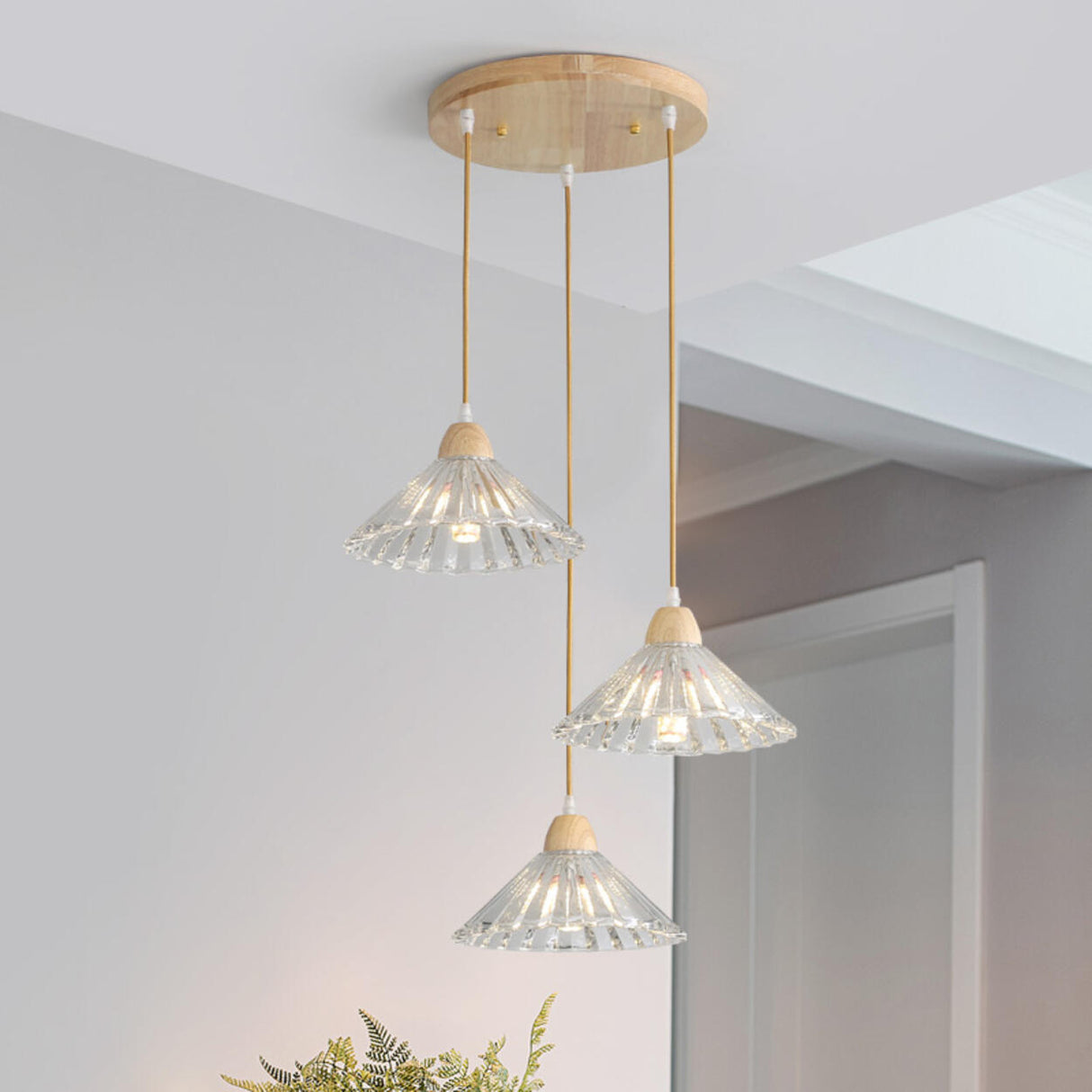 Modern Burlywood Wood Color Clear Glass Cone Pendant Light Image - 3