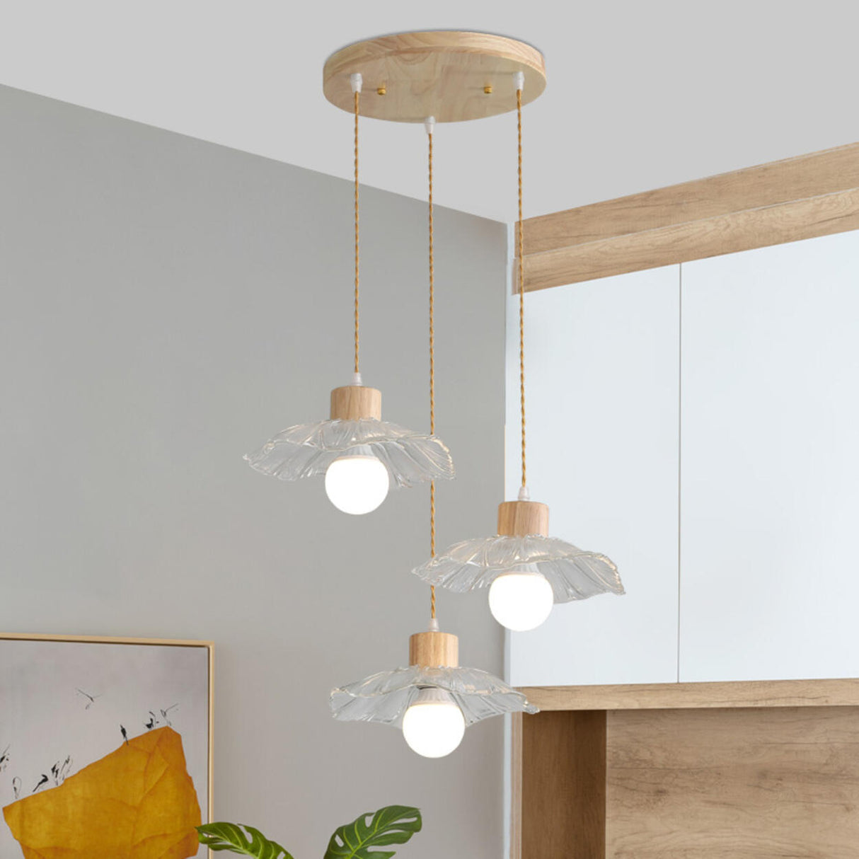 Modern Burlywood Wood Color Clear Glass Cone Pendant Light Image - 7