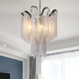 Modern Cascading Silver Metal Chain Fringe Tassel Chandelier Image - 2