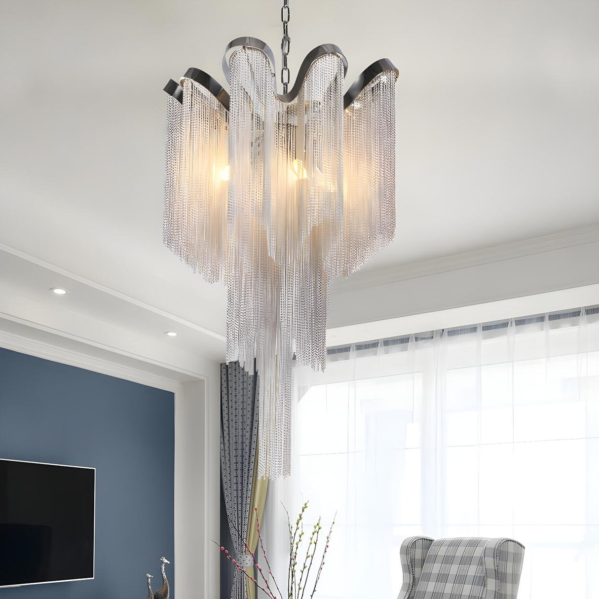 Modern Cascading Silver Metal Chain Fringe Tassel Chandelier Image - 3