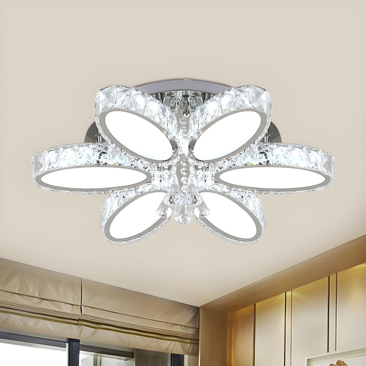 Modern Chrome Blossom Crystal LED Flush Mount Light Image - 1