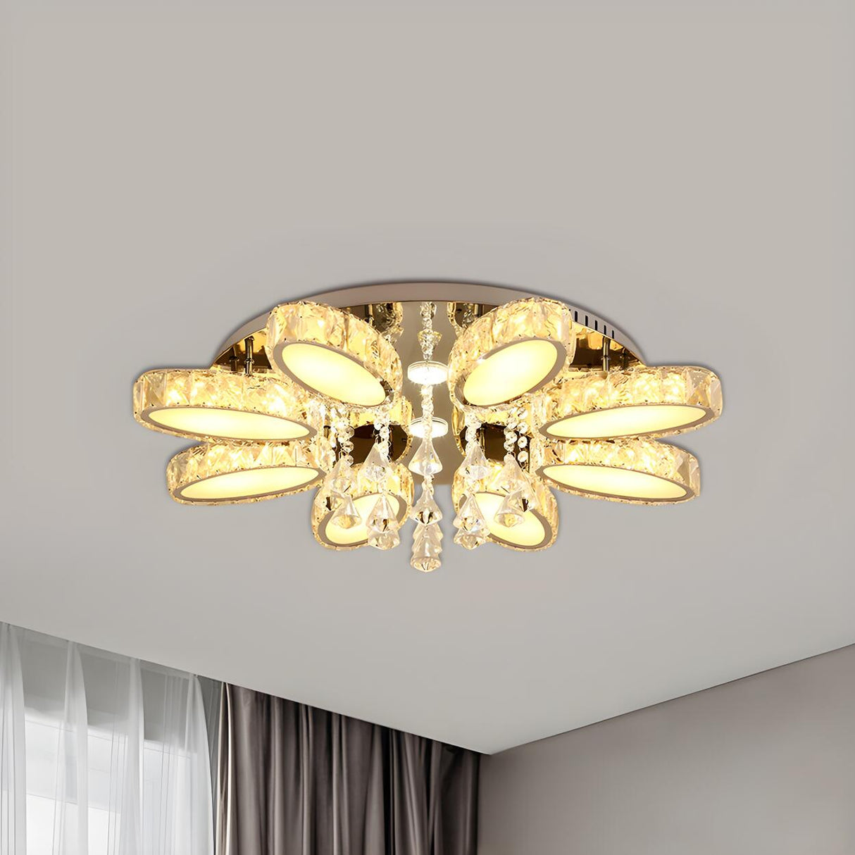 Modern Chrome Blossom Crystal LED Flush Mount Light Image - 6