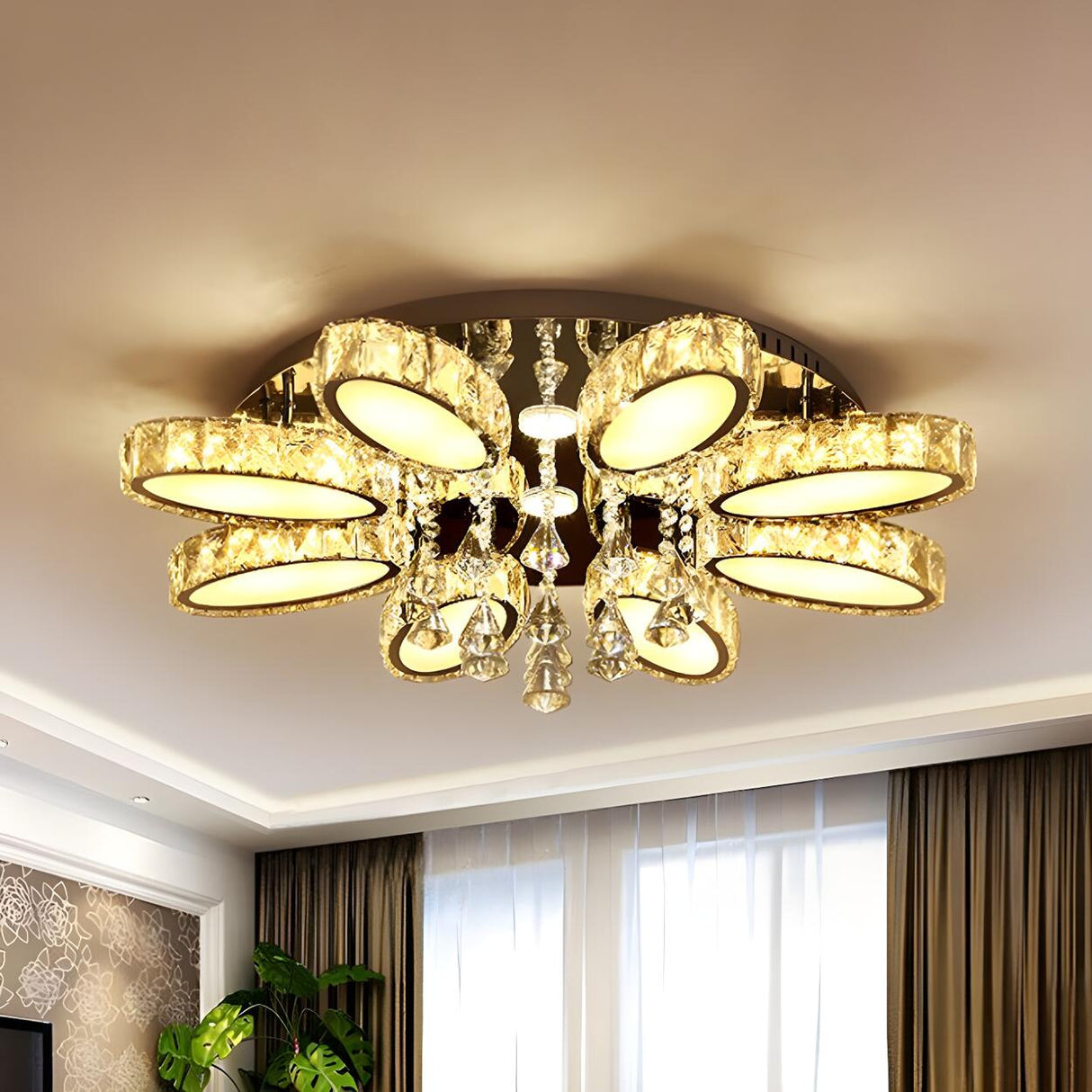 Modern Chrome Blossom Crystal LED Flush Mount Light Image - 7