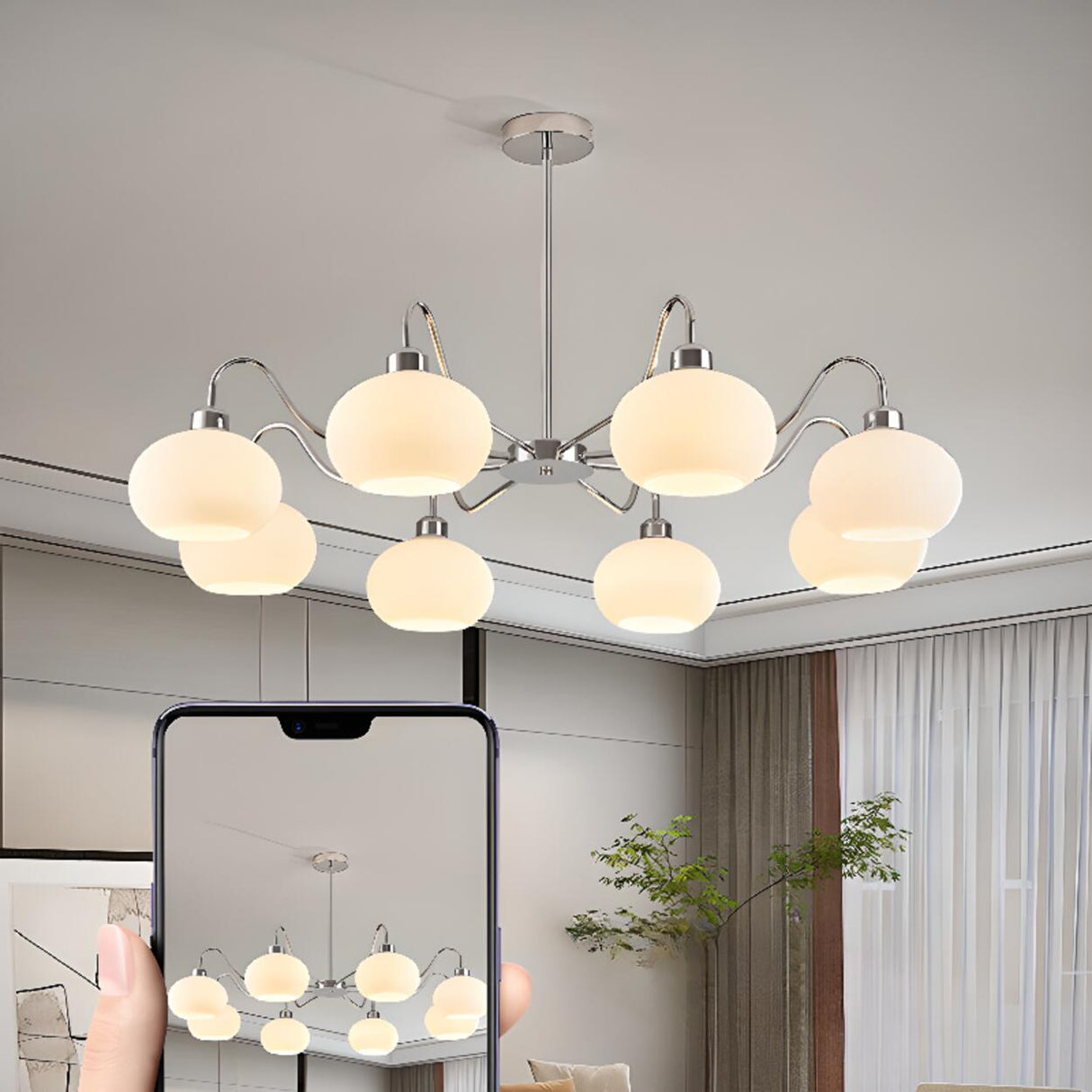 Modern Chrome Chandelier White Glass Adjustable Height Image - 17