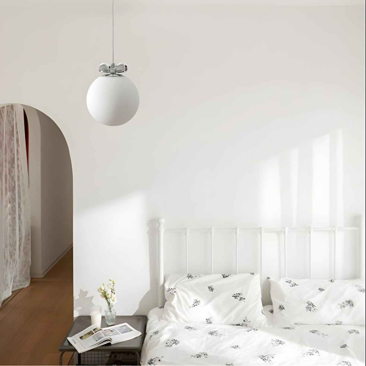 Modern  Chrome Globe White Glass Bedroom Pendant Light Image - 4