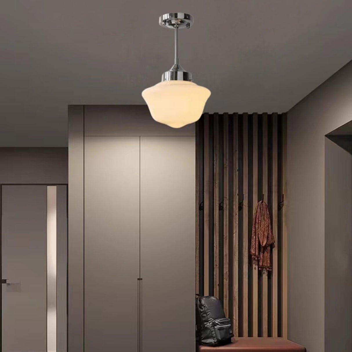 Modern Chrome White Glass Semi Flush Pendant Light Image - 2