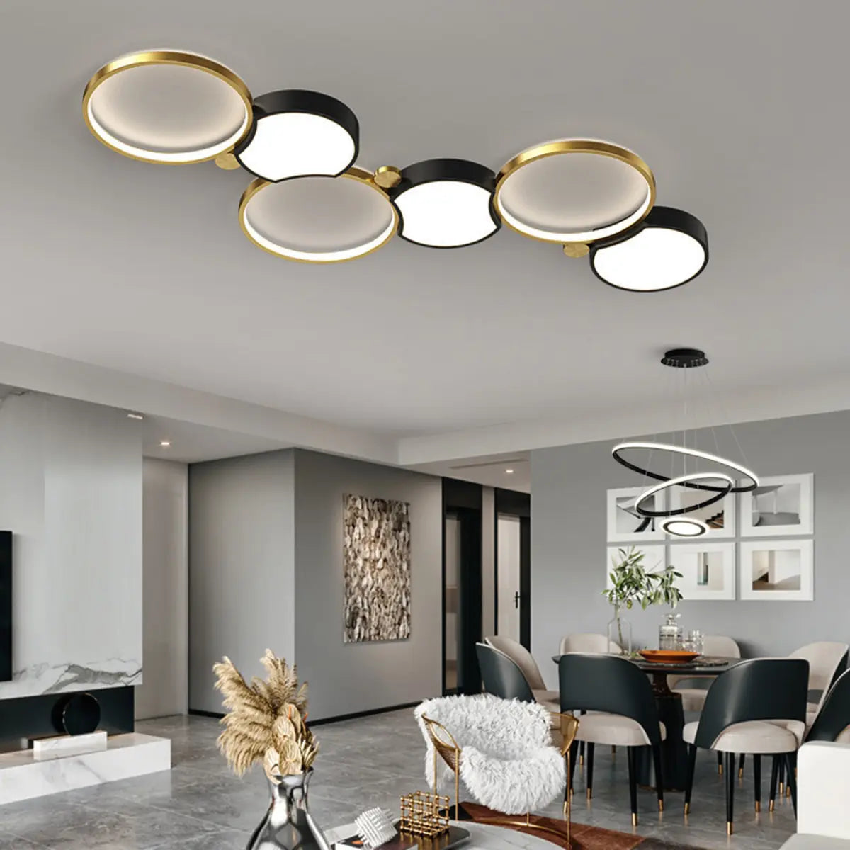 Black Gold Modular Circle LED Flush Mount Ceiling Light Image - 2