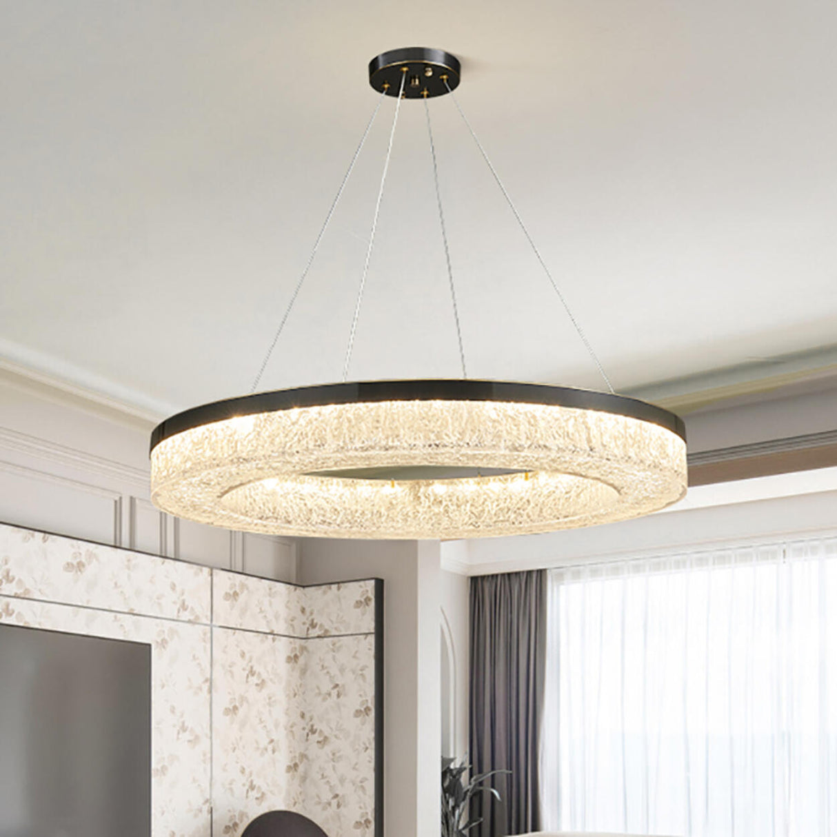 Modern Circle Textured Chandelier LED Adjustable Rod Image - 6