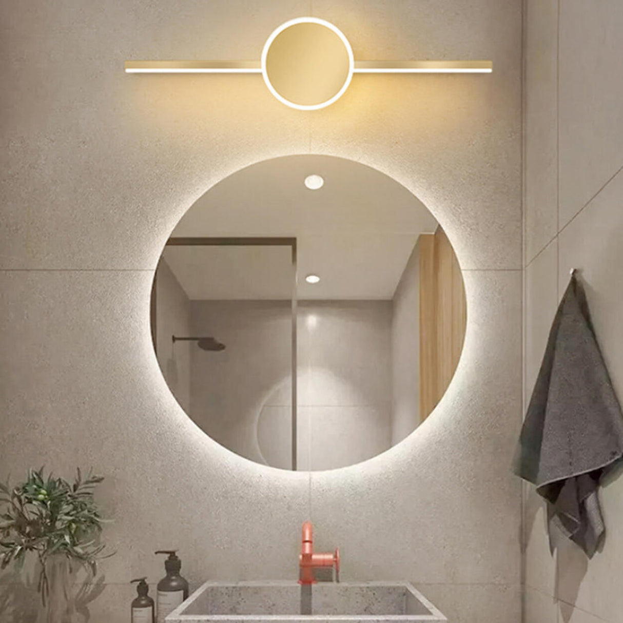 Modern Circular and Linear Gold LED Vanity Light Image - 3