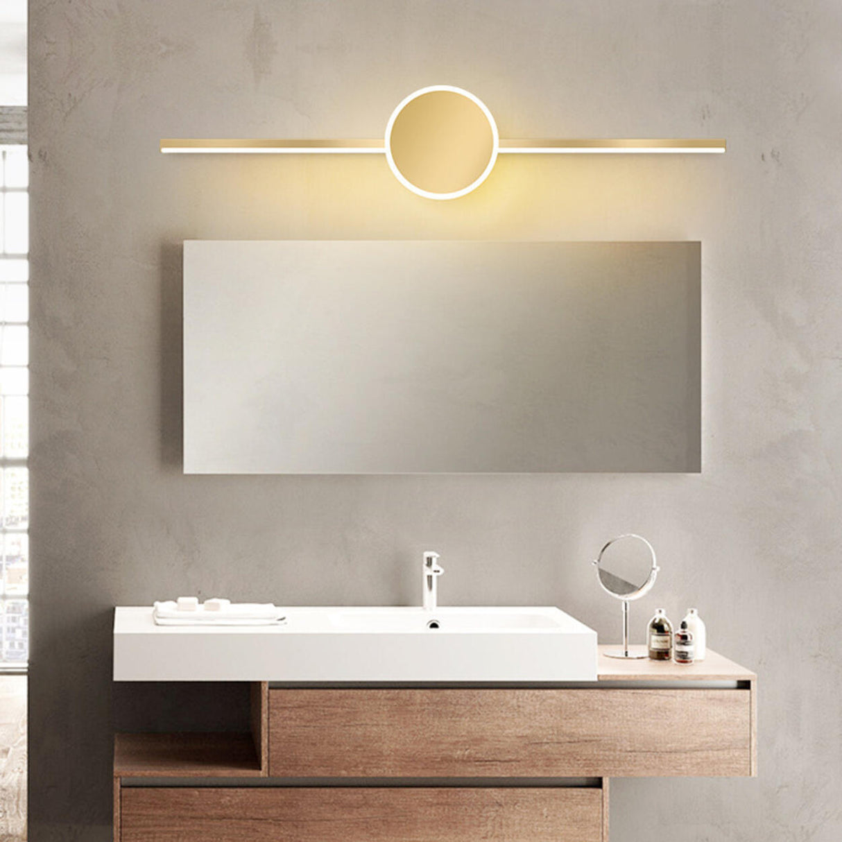 Modern Circular and Linear Gold LED Vanity Light Image - 5