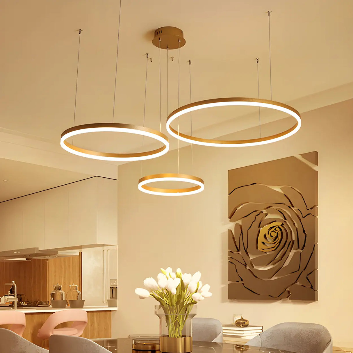 Modern Circular LED Gold Pendant Light for Dining Room Image - 7