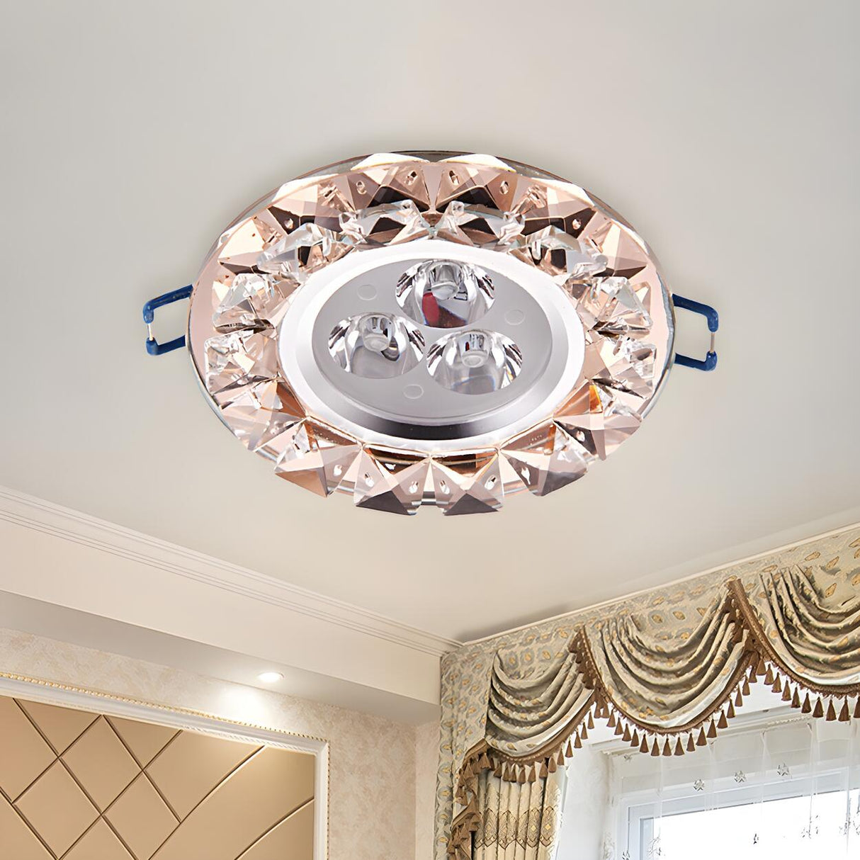 Modern Circular Rose Gold Crystal LED Flush Mount Light Image - 2