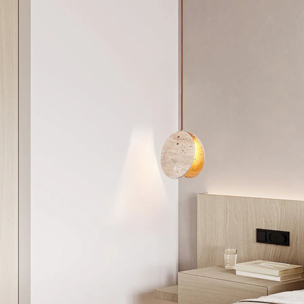 Modern Circular Round Beige Stone Pendant Light Bedroom Image - 11